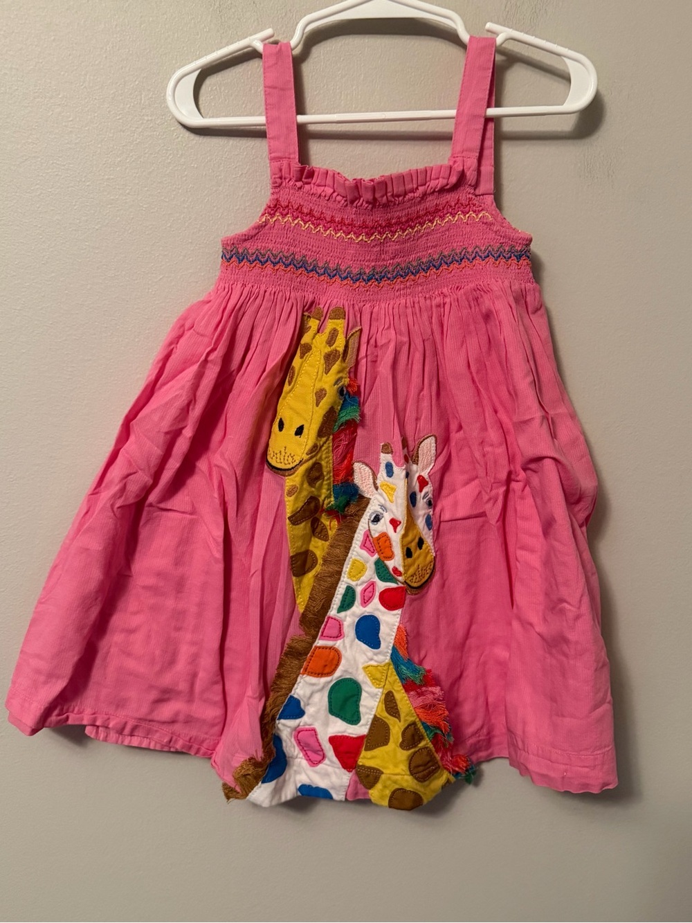 Mini Boden Smocked Pink Giraffe Appliqué Sundress